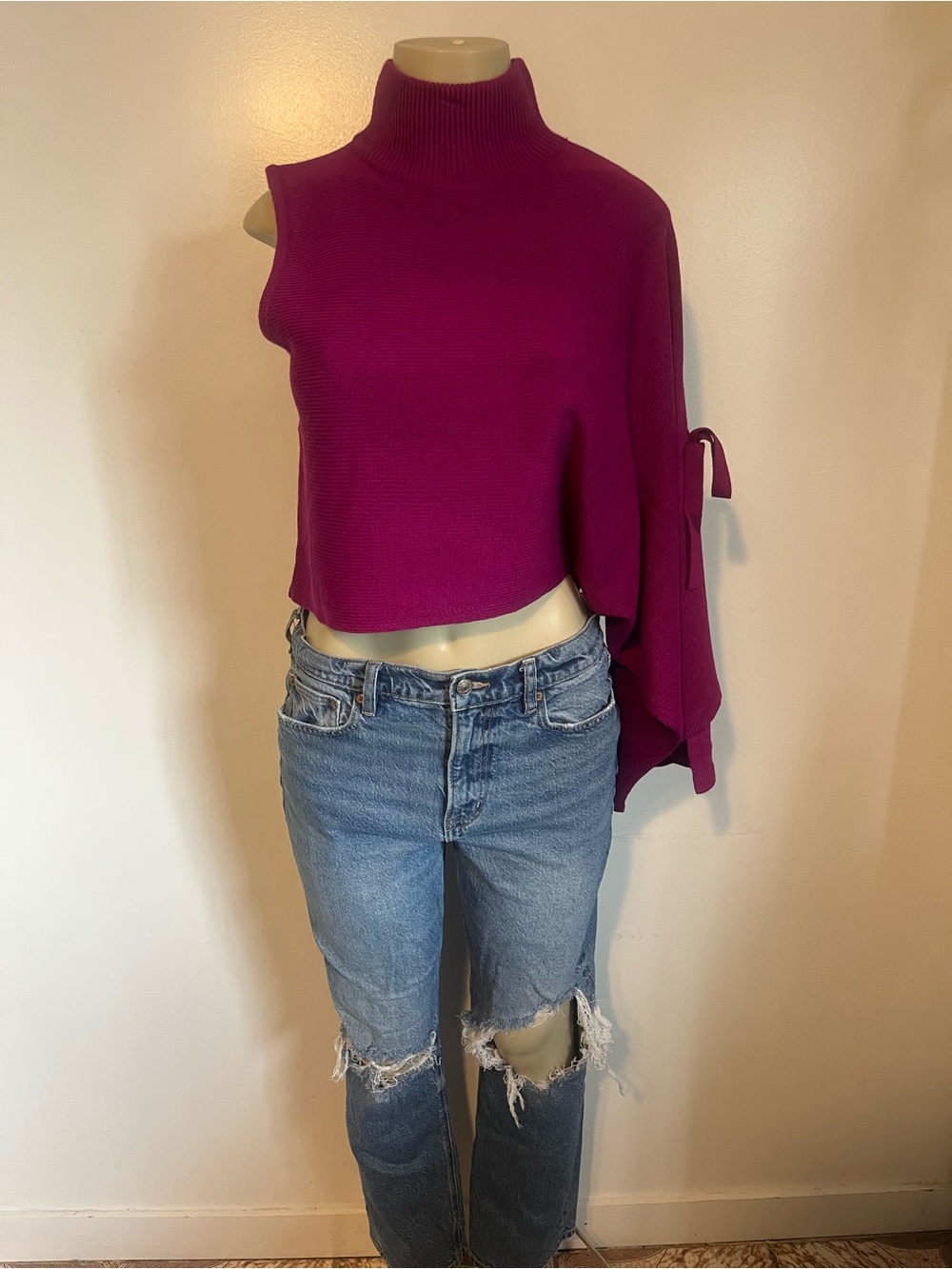 ESSUE Magenta One-Shoulder Turtle Neck Bat Sleeve With Slit Crop Top